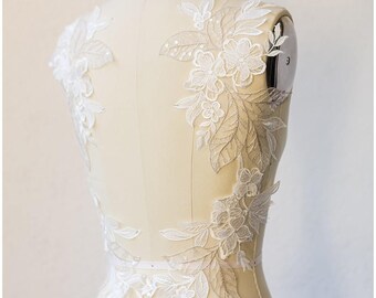 2pc. 3D mirrored Wedding dress appliqué, Large lace Applique, Flower appliqué, large Lace Flower, Illusion Back Lace, Lace patch (A17-046)