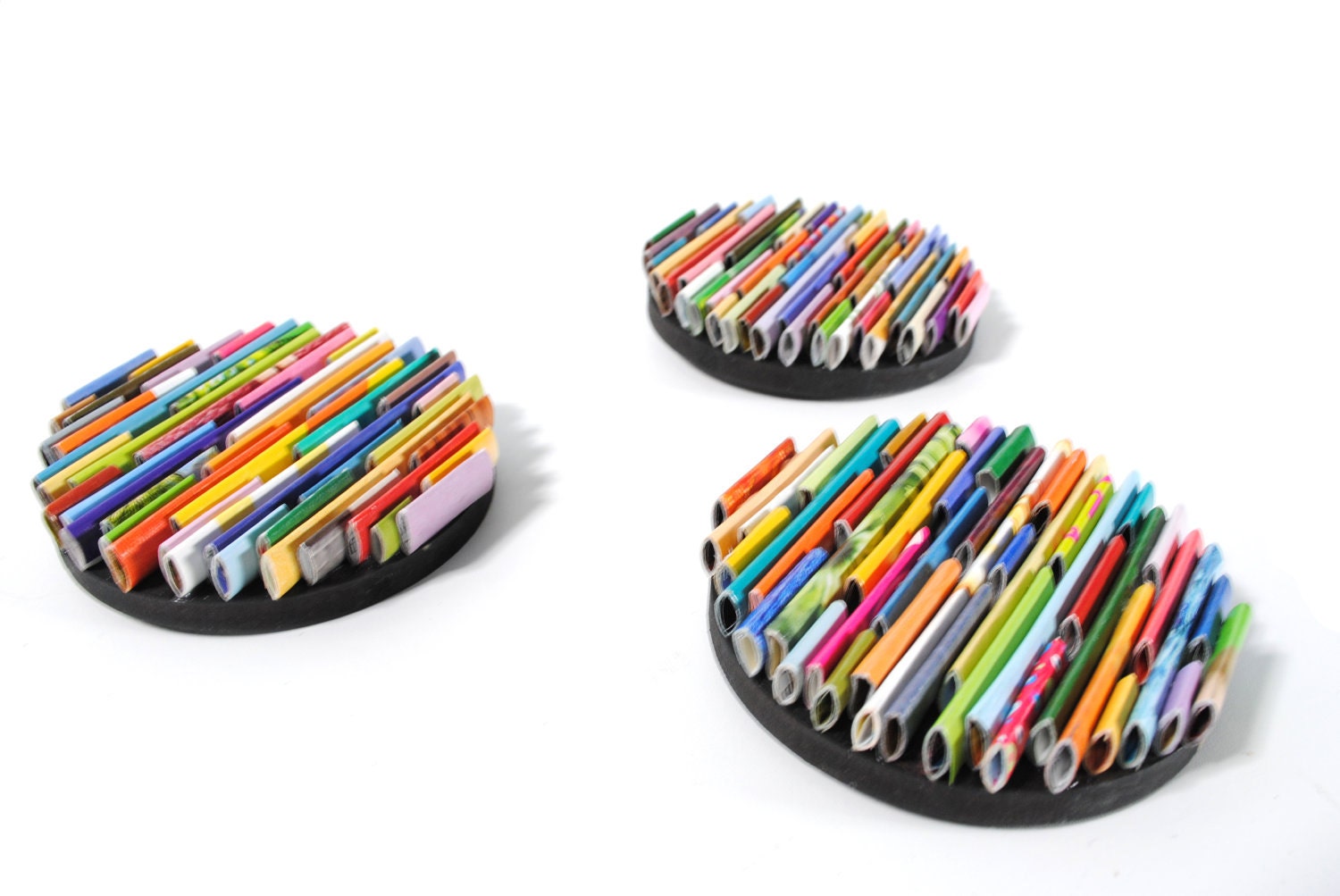 set of 3 small round wall art made from recycled magazines