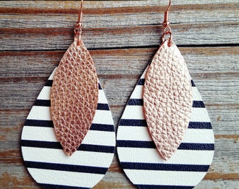 Leather earrings teardrop doubles white with black stripes and rose gold handmade by Hammered Love Letters-Ready to ship!