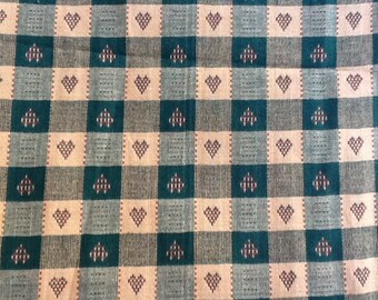 Country hearts woven cotton fabric. Green light beige plaid. By the yard. 44"W