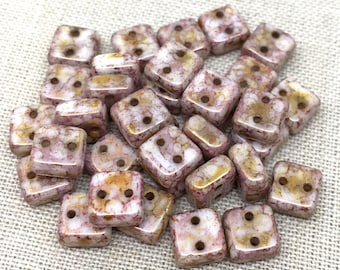 50 Two Hole Chexx Czech Picasso Glass Beads Square 6mm