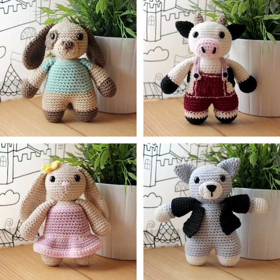 Animals: Dog, Cow, Rabbit & Cat. Amigurumi Pattern PDF.