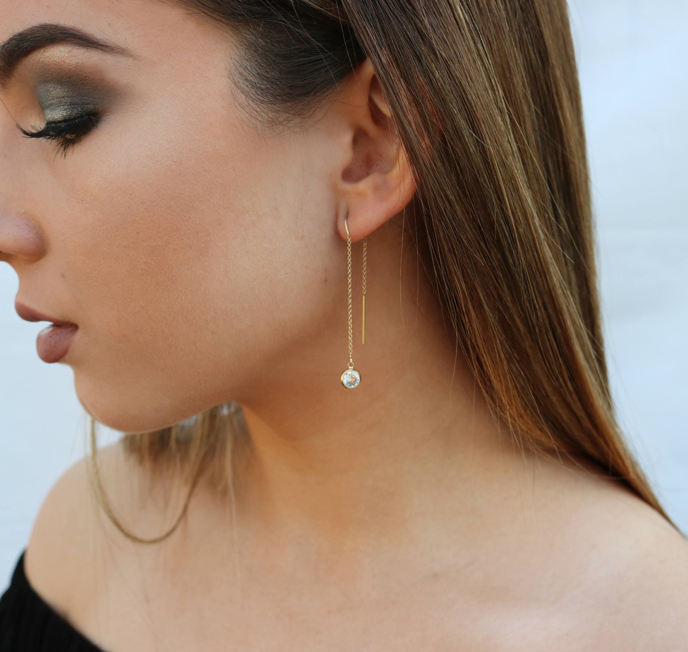 CZ Threader Earrings Dangling Simulated Diamond Ear Threads