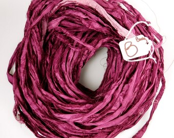 Sari Silk Ribbon, Silk Sari Ribbon, burgundy sari ribbon, tassel supply, knitting supply, weaving supply, crochet supply, ribbon yarn