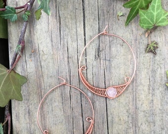 Rose Quartz wire wrapped hoop earrings