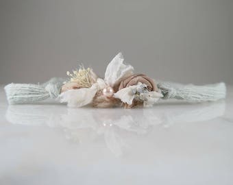 Newborn Baby Girl Tie Back Headband Photo Prop, Baby Girl Headband, Mauve Ivory Bow Headband, Newborn Baby Photography Props, MARLOWE