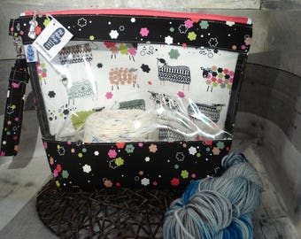 Knitting Project Bag, Zippered Project Bag, Knitting Wedge Bag, Yarn Tote Bag, Yarn Bag, Knitting bag, Sheep with Flowers