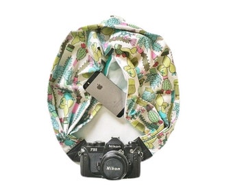 Reversible Cactus and Aqua Print Camera Strap with Lens Pocket - The Original Camera Scarf Strap With Pocket