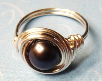 Black Pearl Ring Black Freshwater Pearl Sterling Silver Ring Wire Wrapped Ring