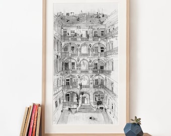 Budapest House Illustration, Panoramic Art Print, pencil drawing, Hungary poster, large art, black and white archival art print