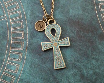 Ankh Necklace Patina Ankh Jewelry Bronze Ankh Charm Necklace Blue Ankh Pendant Necklace Egyptian Necklace Egyptian Jewelry Egyptian Necklace