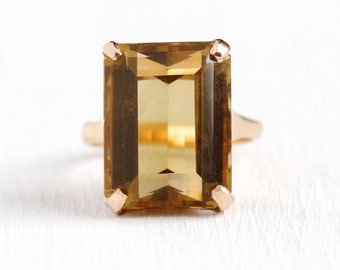 Genuine Citrine Ring - Vintage 18k Rosy Yellow Gold November Birthstone - Retro 1960s Emerald Cut Dark Orange Yellow 9 + Carat Fine Jewelry