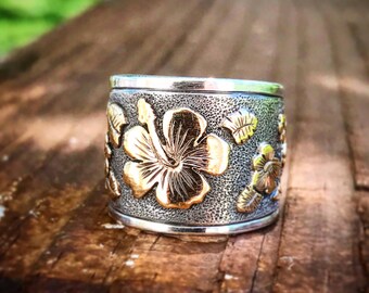 Sterling Silver and 14k Gold Hibiscus Ring