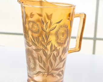 Vintage c1940s Jeannette Glass Cosmos Peach Carnival Glass Lusterware Pitcher and Two Juice Glasses