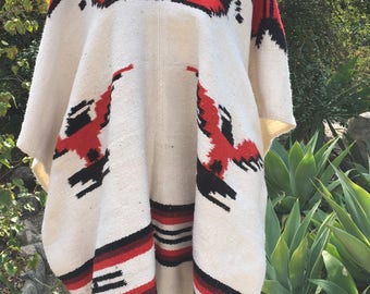 Vintage Thunderbird Print Fringed Poncho