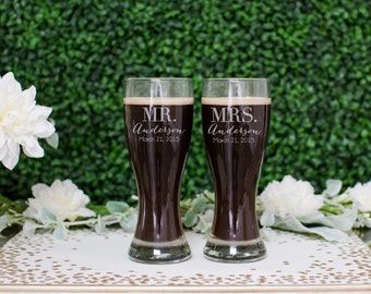 Personalized Beer Glass Set - (Set of TWO) Custom Engraved Hourglass Beer Pilsner - Personalized Wedding Gift - Couples Engagement Gift