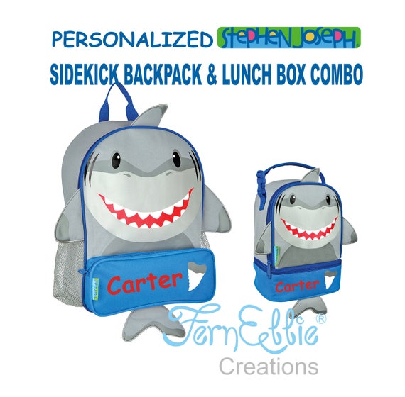 Personalized Stephen Joseph SHARK Sidekick Backpack and Lunch Pal Combo.