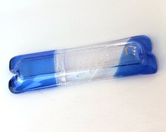 Fused glass mezuzah blue, clear iridescent, silver dichroic glass, gold painted Shin