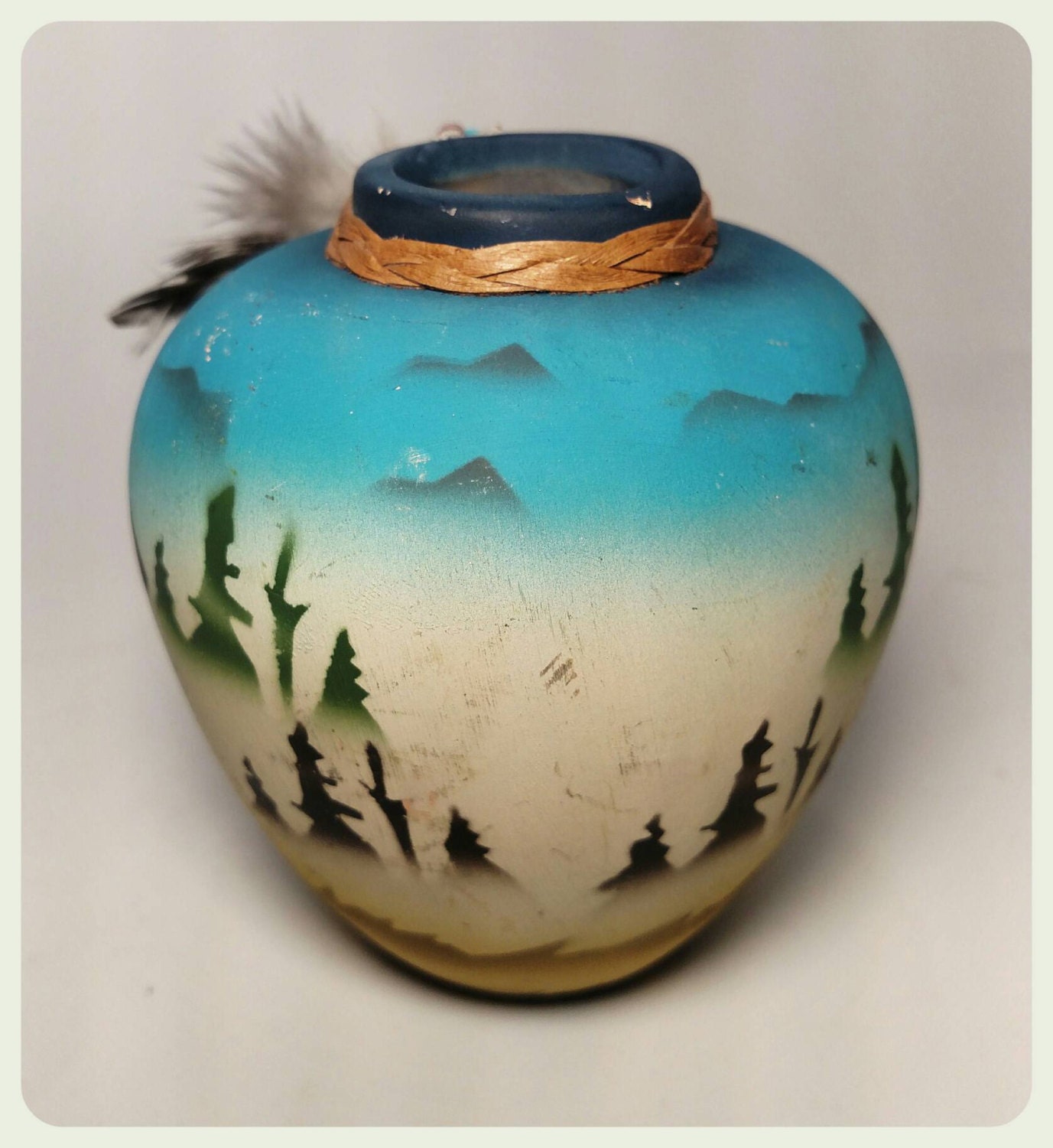 Collectible Native American Blue Vase with Black Bears and Adorned with