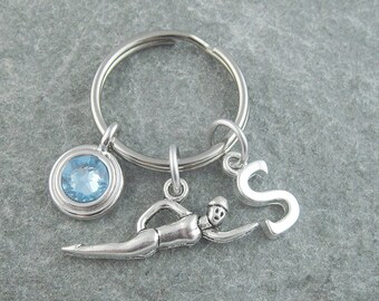 Swimming keychain, swimming keyring, swimmer gift, initial keychain, personalized keyring, birthstone keychain, custom keychain, monogram