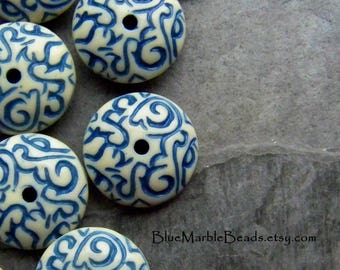 Disc Bead, Etched Bead, Carved Bead, Vintage Bead, Lucite Bead, Blue And White, Scroll Work, Unique Bead, Boho Bead, Tribal Bead, 20 Beads