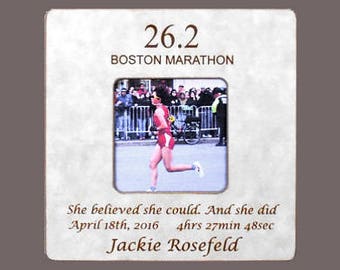 MARATHON RUNNER GIFT- Boston Marathon- Marathon Race Gift- Marathon Finisher Personalized Picture Frame-Finish Time- 8x8 Overall Size