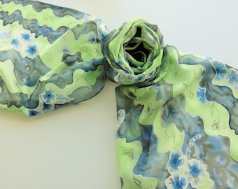 Hand painted silk scarf. Handpainted silk scarf. Green black and grey scarf. Green silk scarf with blue flowers. 17 x 71", 45 x 180 cm.