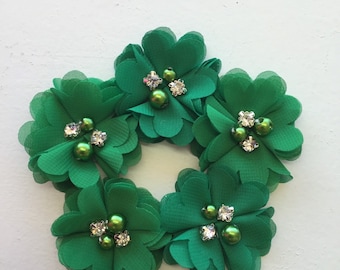 2.5" Green Chiffon Flower with Pearl and Rhinestone Center set of 5