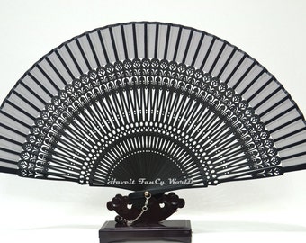 Hand Fan Folding Fan, Silk Cloth Black colored bamboo art work pattern bamboos , Kimono Sensu, wedding fan