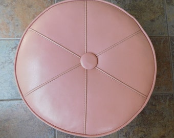 Vintage Pink Footstool with Wheels, Wheeled Round Vinyl Footstool, Light Pink Vinyl Ottoman, Living Room Furniture, Hassock, Foot Rest
