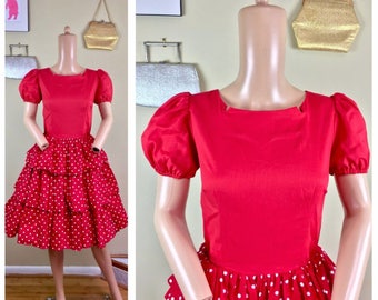 Vintage 80s does 50s Square Dance Circle Skirt Pin Up Rockabilly Polka Dot Dress M