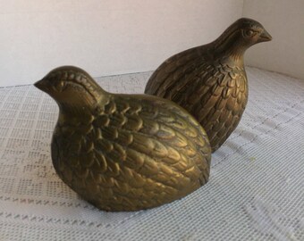 Vintage Brass Partridge Pair / Metallic Home Decor / Made in Korea / Brass Quails