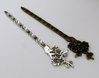 4pcs antique silver Plum blossom bookmark ,28x132mm bronze Hairpin setting zd0 2268
