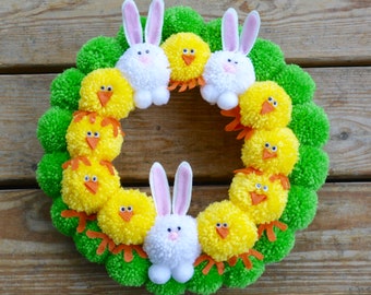 Easter Pom Pom Wreath with Bunnies and Chicks, Bright Easter Pom Pom Wreath
