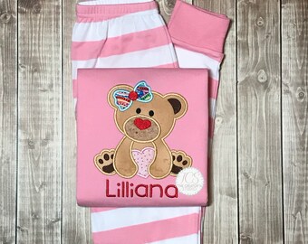 Valentines Pajamas - Personalized Heart Valentine's Pjs - Long Sleeved - Pink/White Striped Pajamas - Heart Monogram VDay Outfit- Girls PJ