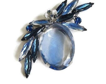 Blue Givre Glass & Rhinestone Brooch Large Vintage