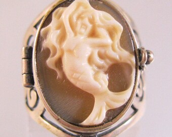 Mermaid Cameo Poison Locket Ring Sterling Silver Signed Size 6 Vintage Style