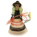 Vintage woven straw lady doll in dress with hat and flowers, girl folk art sculpture, delicate weaving, green, yellow, orange, black, ethnic