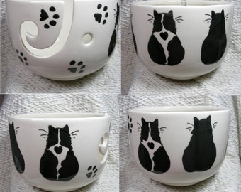 Black & White And Black Cats On Yarn Bowl Handmade Original Earthenware Clay by Grace M Smith