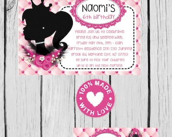 digital barbie silhouette invitation, tag, water label, ziploc card and thank you card party print as many as u need personalized jpg file