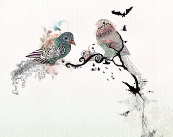 Love birds art, watercolor art, Bird illustration, Love birds painting, 11x14 print
