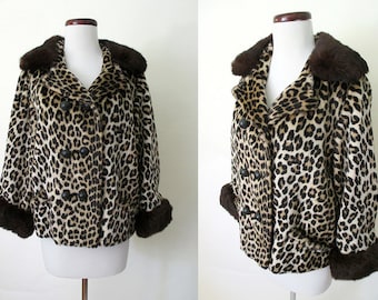 Beautiful 1950's Faux Leopard Fur Jacket with Brown Fox Fur Trim Rockabilly VLV Pinup Vixen Glamour Size-Medium