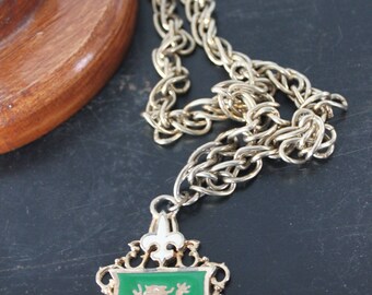 Vintage heraldic crest medallion Fleur De Lis necklace-reversible coat of arms design,beautiful coat of arms pendant w lion,Green & gold