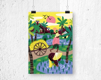 Poster Rice Fields Cambodia - A3 print A4 - poster Asia - poster farmers - landscape poster - nature poster - illustration print - print A3
