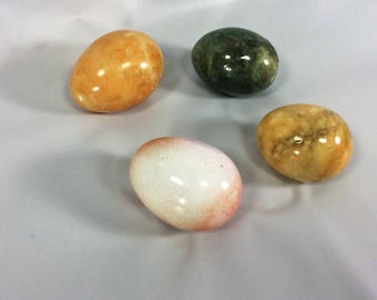 Set of 4 Stone and Alabaster Hand Carved Italy Vintage Eggs 2 with Original Stickers 2 Polished Stone Easter Decor Vintage Paper weight Eggs