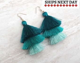 Teal Hues Silk Tassel Earrings, Aqua Ombre Drop Earrings, Silk Tassels, Unique, Handmade, Boho Earrings, Wedding Earrings, Gift for Her