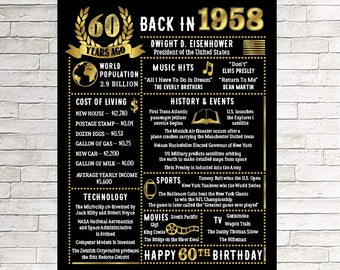 60th Birthday gift, 60 Years Ago in 1958, 60th Birthday Sign, 60th Birthday Gift for Him, Printable 60th Birthday Chalkboard, 1958 Birthday