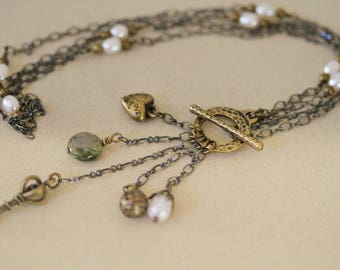 Long Or Short Convertible Antiqued Brass Charms and Freshwater Pearls Dangling Necklace, Key Charm Necklace, Dangling Necklace