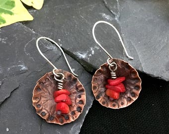 hammered domed copper earrings / copper dome dangle earrings / textured earrings /hand crafted copper earrings / red coral chips / gift box