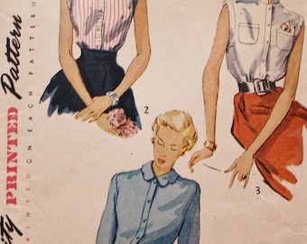 1950s Blouse /Simplicity 3092 /Vintage Sewing Pattern / Button Front Dart Fitted /Bust 30